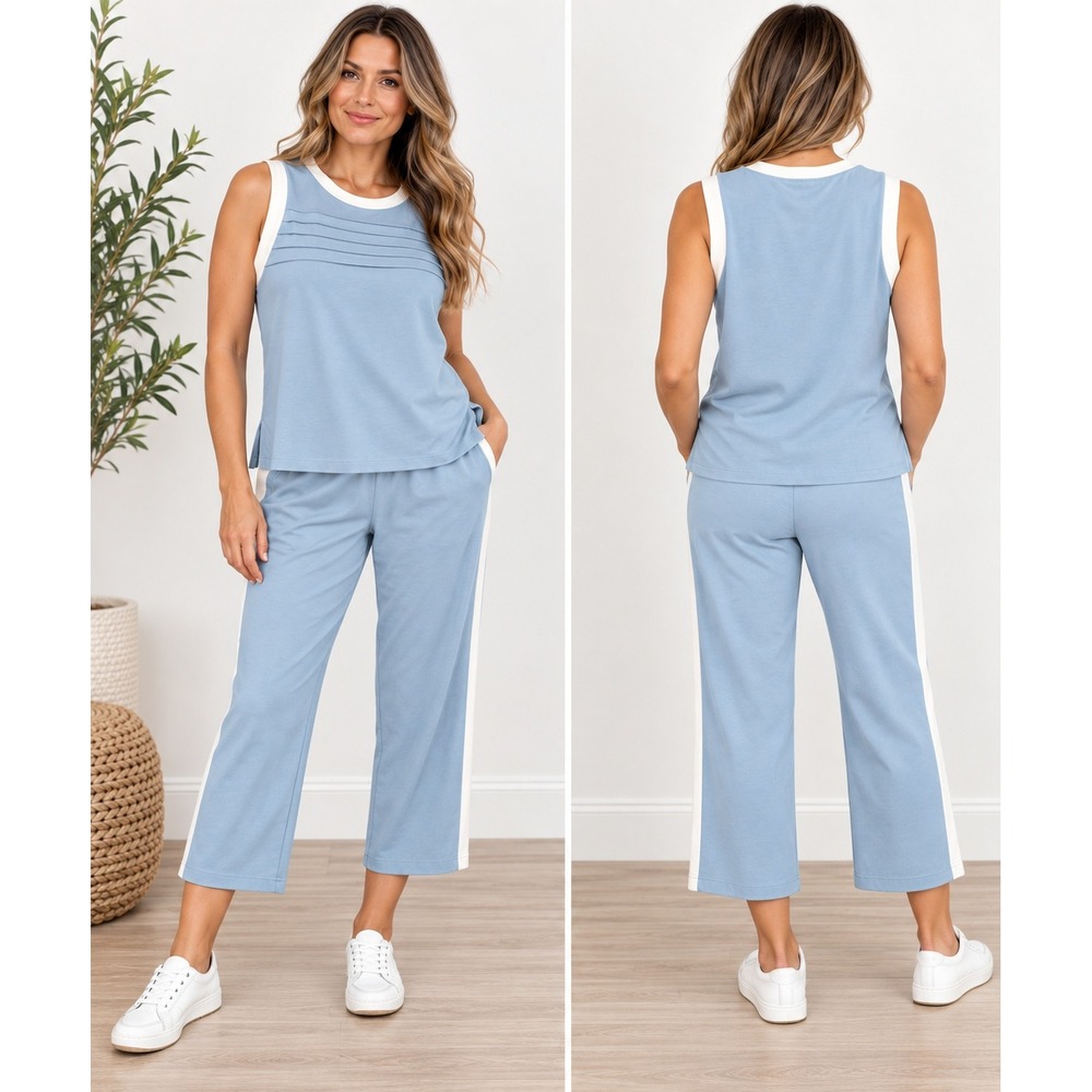 Wiholl Jersey Knit 2 Piece Lounge Set Blue White Sleeveless Crop Pants Medium
